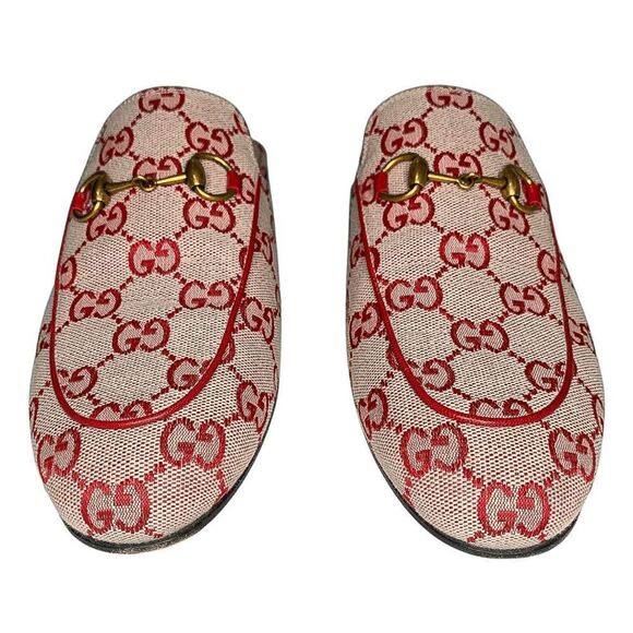 Gucci Princetown Horsebit Mule EU 37.5 US 7.5 Red GG Monogram Canvas Loafer Flat - Picture 3 of 12